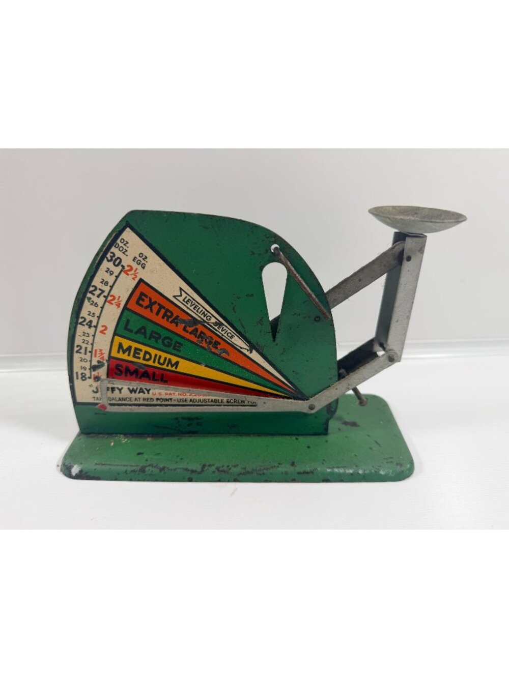 Vintage Jiffy-Way Egg Scale Green Metal With Multicolored Size Chart 8x5.5x3"